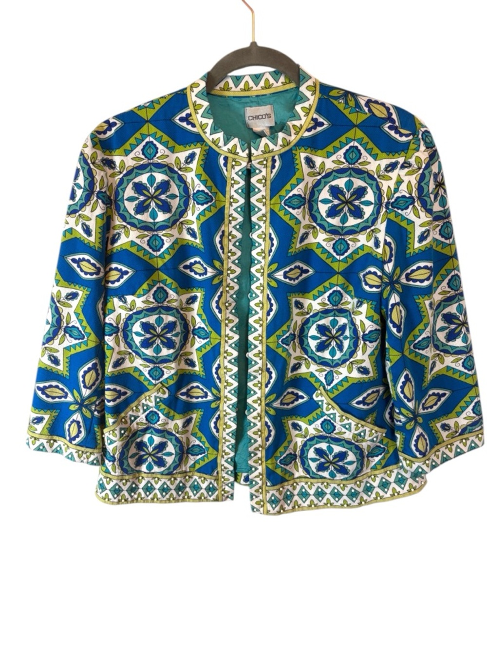 Chico's Blue, Green & White Medallion Open-Front Jacket with beads Size 1